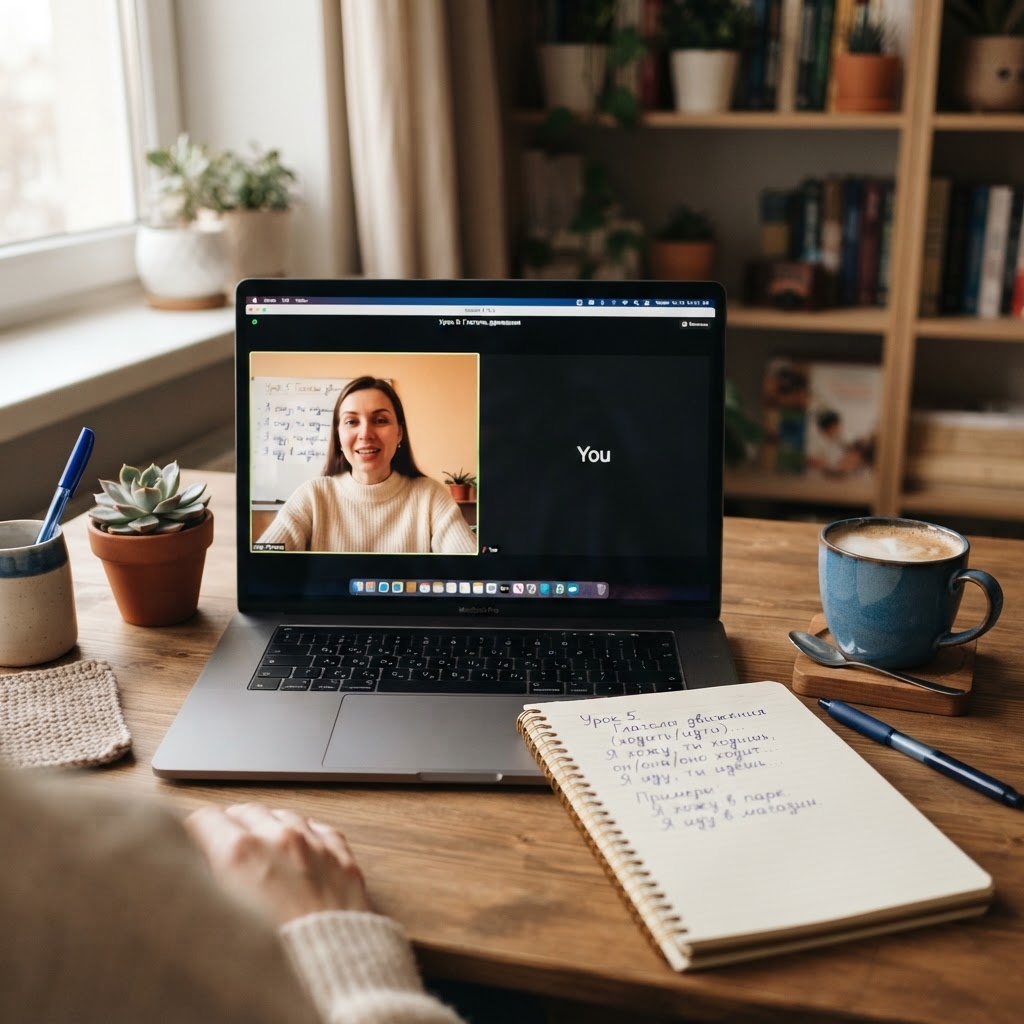 An online Russian lesson setup with a laptop showing a video call, a notebook with Cyrillic notes, and a cup of coffee